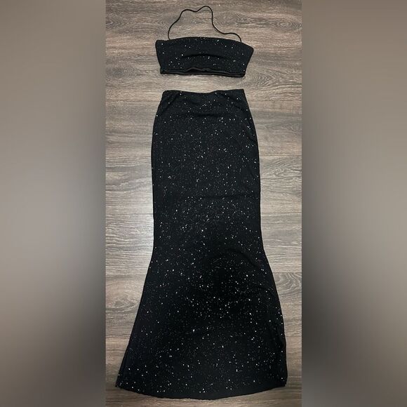 Spaghetti Strap Crop Top Maxi Skirt Glitter Bodycon Dress 2 Piece (44) - Picture 1 of 4
